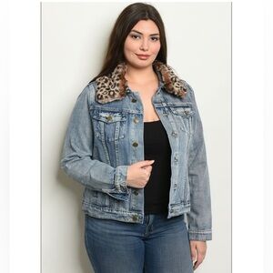 Liz Claiborne Denim Jacket with Leopard Print Collar Size M